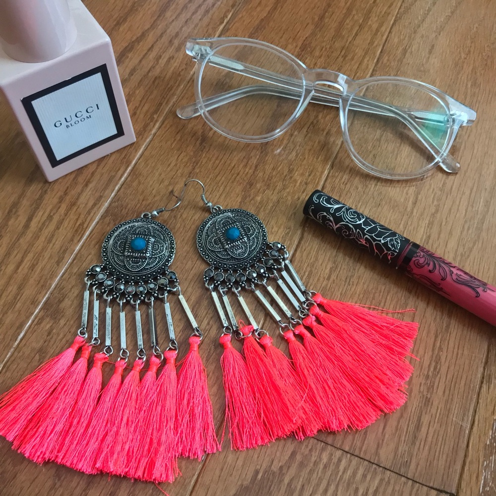 Tribal neon pink tassel statement earrings